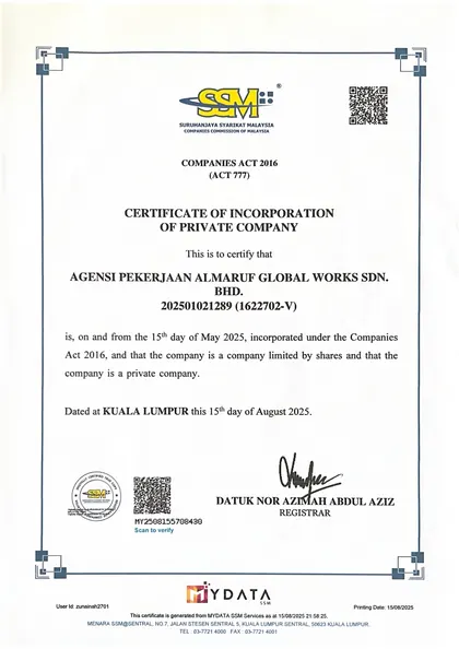 SSM certificate of incorporation